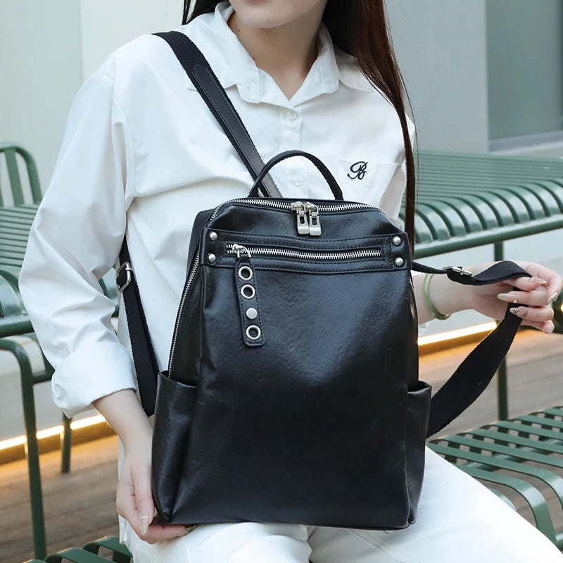 Women Natural Cow Leather Backpacks Lady Cowhide Design Large Capacity Bags Female Retro Versatile Backpacks Ladies Fashion Bag