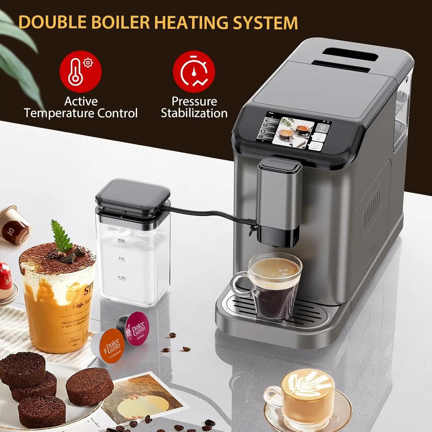 20 Bar Fully Automatic Coffee Maker Machine with Grinder & Auto Milk Frother, 6 Presets, LCD Touch Screen, Auto-Clean, 53oz Water Tank, 120V for Home Office Coffee Shop
