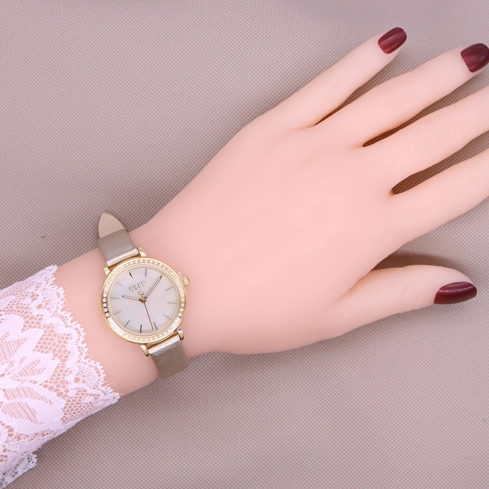 Mother-of-pearl Julius Lady Women's Watch Japan Movt Elegant Fashion Hours Clock Real Leather Bracelet Girl's Birthday Gift Box