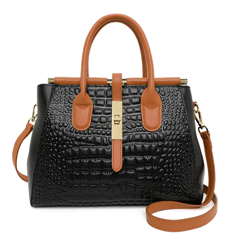 Light Luxury Crocodile Pattern Women's Handbag Large Capacity Black High Quality Cowhide Single Shoulder Crossbody Bag