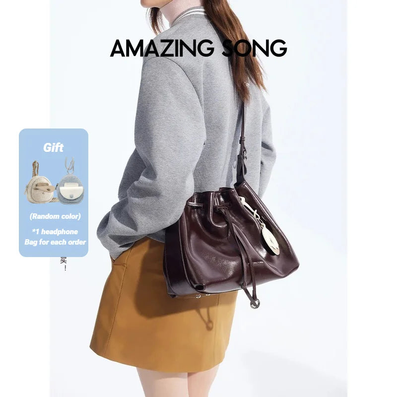 Amazing Song Donut Drawstring Bucket Bag Women's Diagonal Package Autumn Faux Suede 2025 New Original Design Women's Fashion Bag