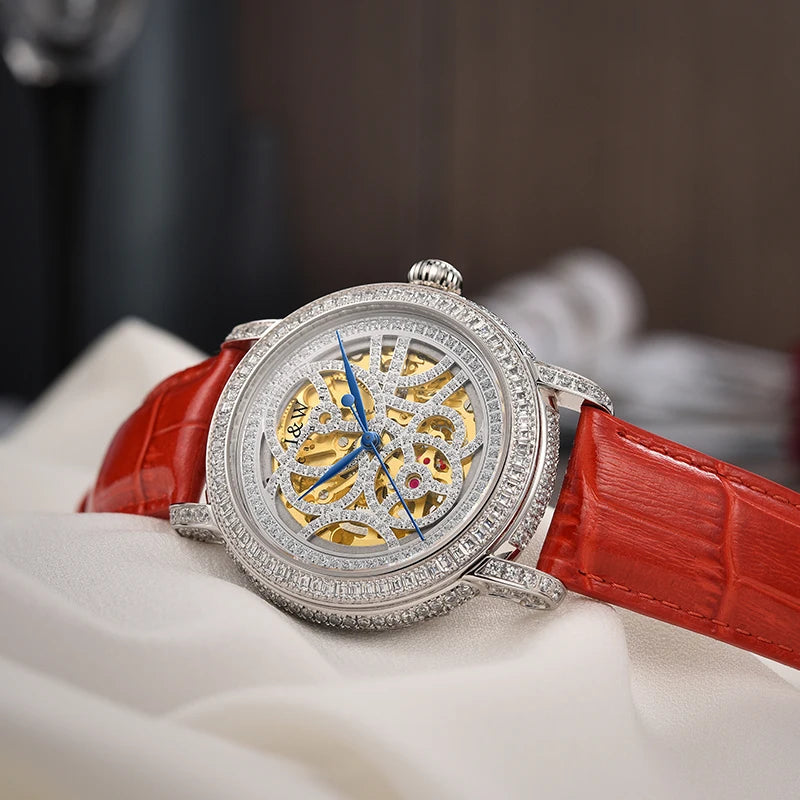 Luxury Mechanical Women Watches Brand Diamond Case Skeleton Elegant Leather Strap Waterproof Ladies Wristwatch Girls Dress Watch