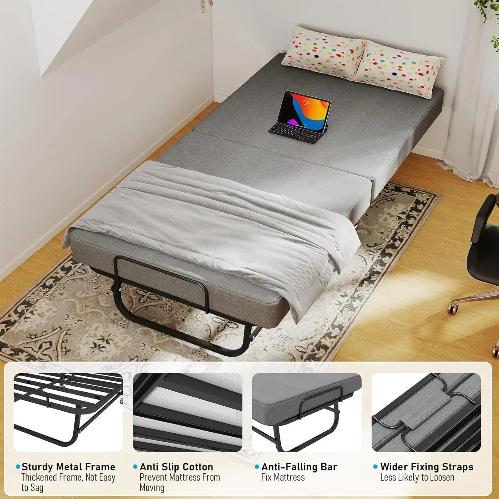 Folding Bed with Mattress for Adults,Portable Foldable Roll Away Bed on Wheels,Memory Foam Mattress and Metal Frame,Space Saving