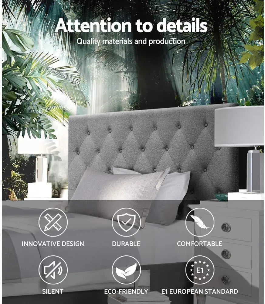 King Single Bed Headboard Headboards Tufted Beds Head Frame Base Upholstered with Grey Faux Linen Fabric Foam Wood, 116 x 120 x