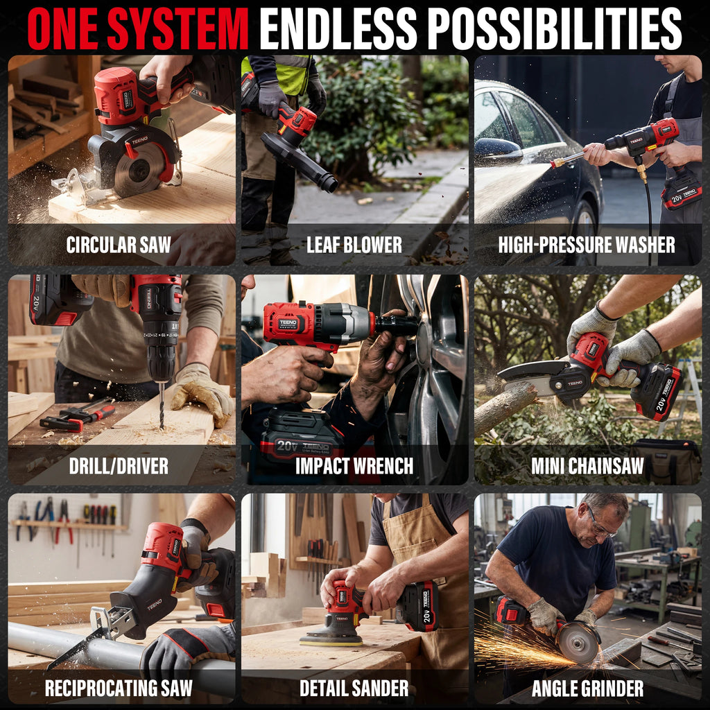 20V MAX Brushless Power Tool Combo Kit, 9-in-1 Cordless Interchangeable Multi-Tool Set (Drill, Impact, Grinder, Sander, Circular, Chain & Reciprocating Saws, Blower, Washer), 2x 4.0Ah Batteries