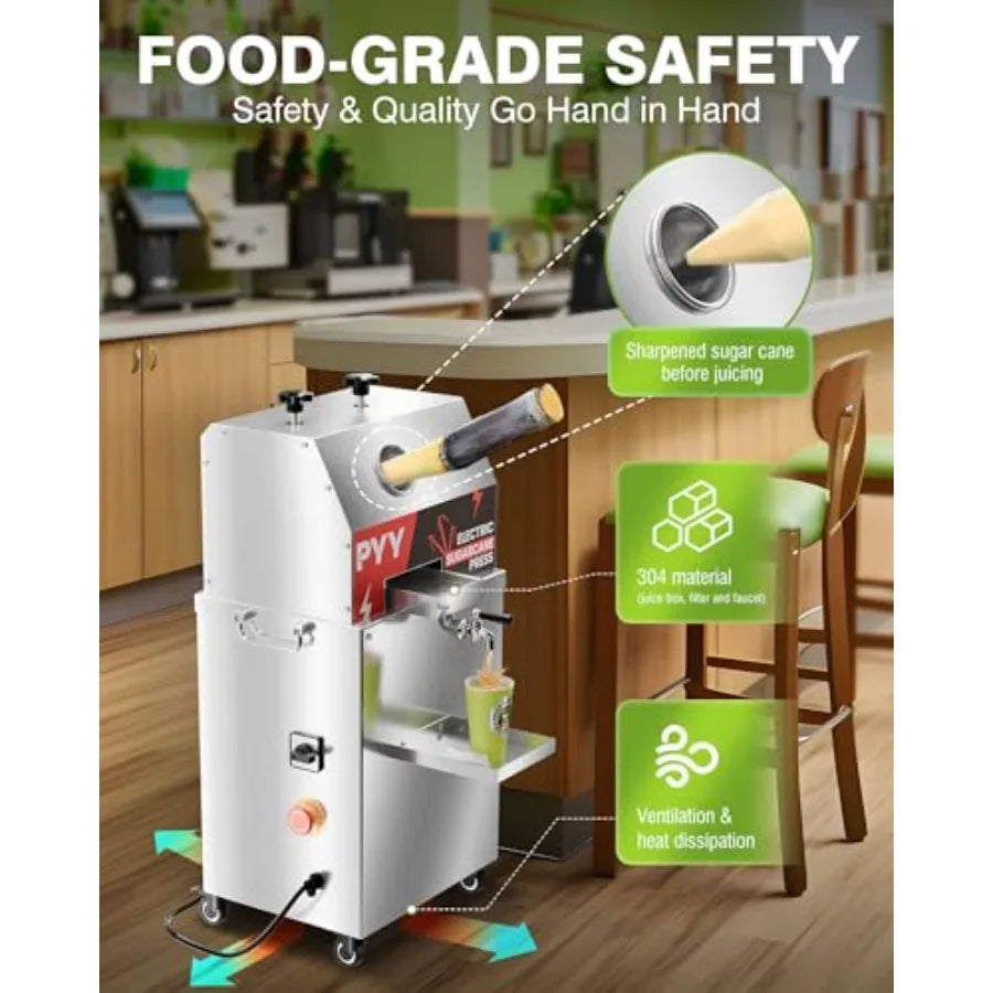 Commercial sugar cane juicer machine for food service, stainless steel 3-roller extractor in silver with efficient juice extrac