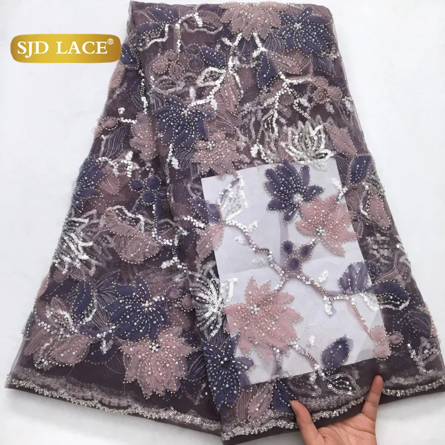 SJD LACE African Luxury Beads Mesh Lace Fabrics Nigerian Tulle 2025 French Tulle Beaded Net Lace for Women Evening Dresses A4034