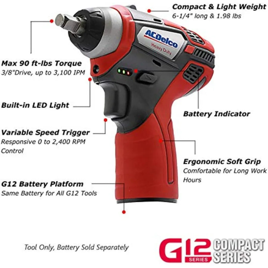 【Spot goods】ACDelco ARW1209-K14 G12 Series 12V Li-ion Cordless 3/8" Rachet Wrench and Impact Wrench Combo Tool Kit