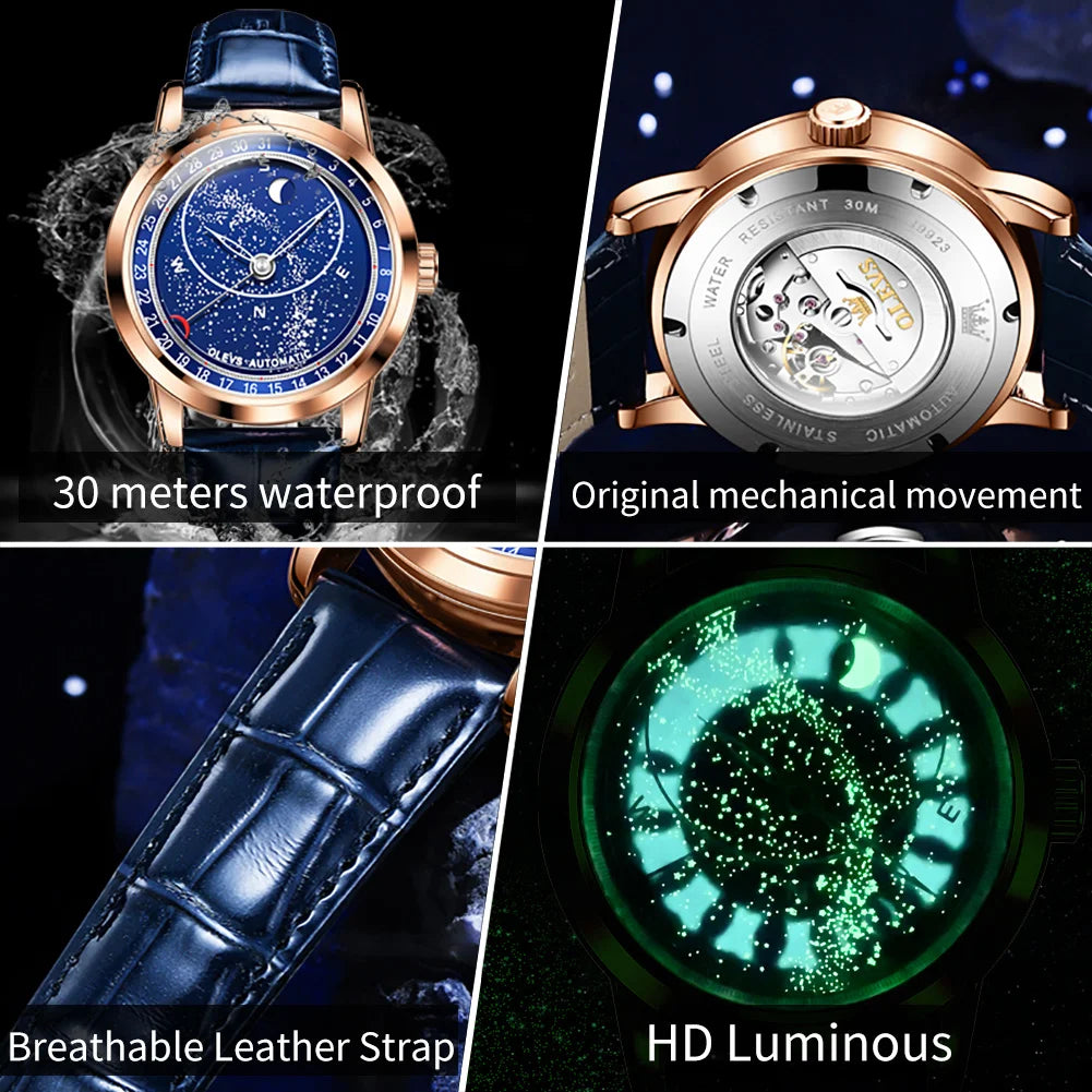 OLEVS Men's Watches Moon Phase Automatic Mechanical Watch for Man Blue Leather Luxury Dress Waterproof Luminous Wristwatch