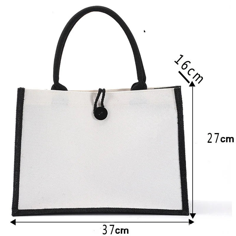 Black/White Women Girl DIY Blank Grocery Handbag Large Capacity  Foldable Travel Storage Organizer Jute Burlap Tote Bags