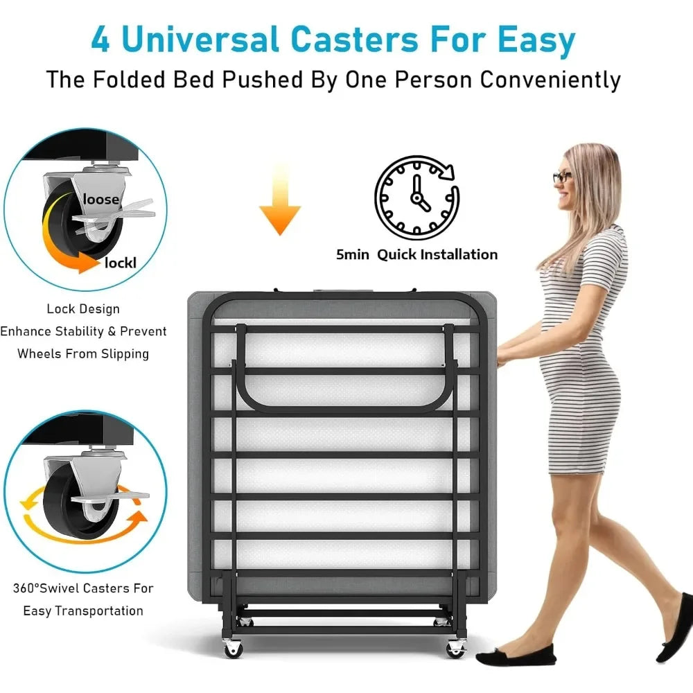 Folding Bed with Mattress for Adults,Portable Foldable Roll Away Bed on Wheels,Memory Foam Mattress and Metal Frame,Space Saving
