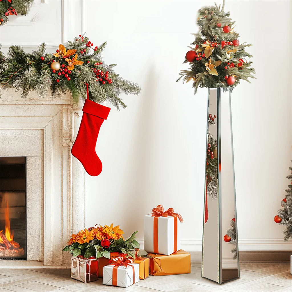 30” Floor Vase Large Decorative Mirrored Glass Flower Vase Silver Dried Flowers Vase for Living Room,