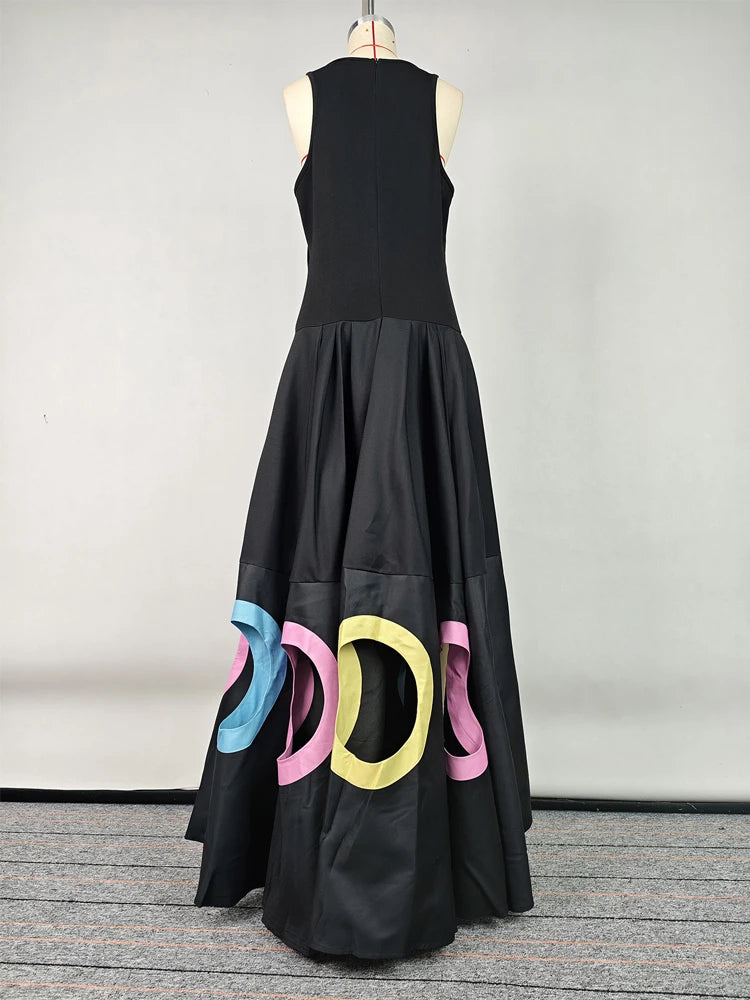 2025 Fashion Women's Stylish Dress Round Neck Sleeveless High Waist Pleated Party Dress Hollowed Floor Length Dress