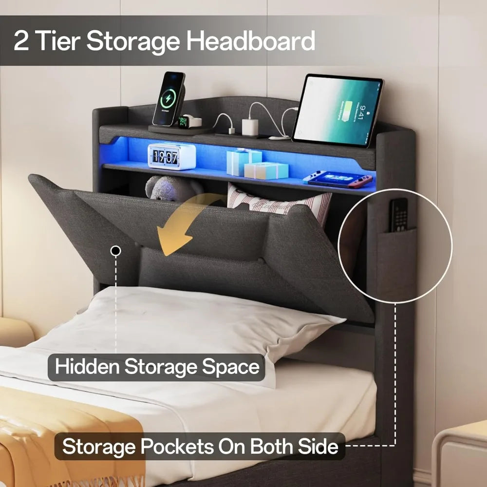 Frames with Storage Headboard, Upholstered Twin Size Bed Frame with Drawers, Charging Station and LED