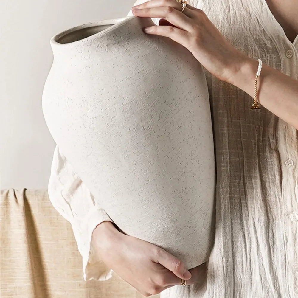 Ceramic Vase - Large 13.6 Inch Tall Floor Vase for Centerpieces, Farmhouse Rustic Minimalist Home Decor for Living Room, E