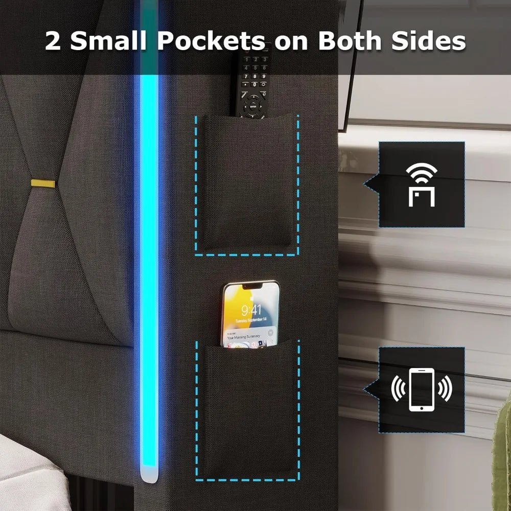 Queen Bed Frame with Storage Headboard, Metal Bed Frame with LED Lights & Charging Station, Upholstered Queen Bed with Marshmall