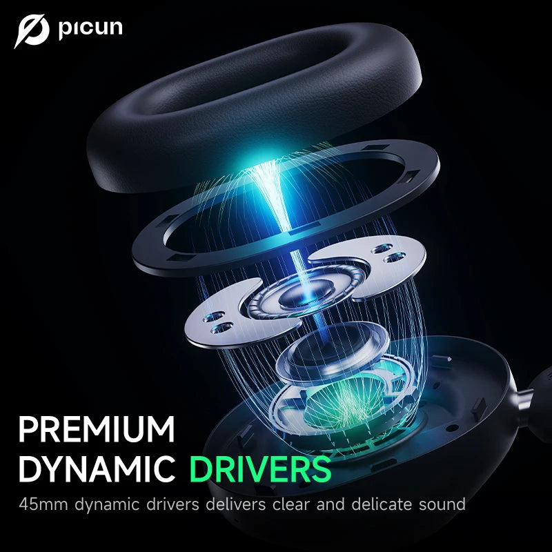Picun F6 ANC Wireless Headphones Bluetooth 5.4 Hi-Res Audio Over Ear Headset 52dB Hybrid Active Noise Cancellation Earphone 120H