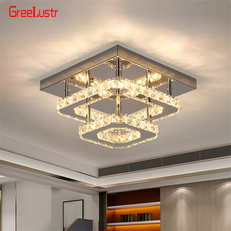 Modern Square K9 Crystal Ceiling Lamp Plafon Stainless Steel Luminaire For Hallway Aisle Home Decor Led Fixture Lustres Lighting