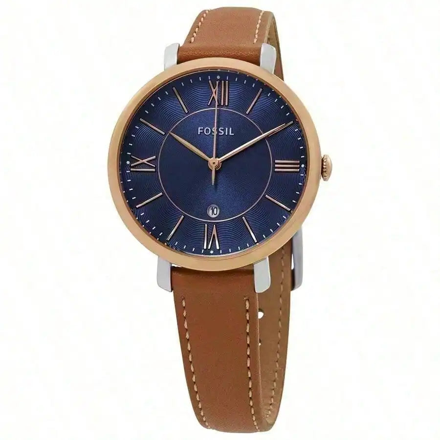 Fossil Woman Watches– 36 mm Blue Dial with Date Display, Brown Leather Band,  Vintage Aesthetic Gift Accessories