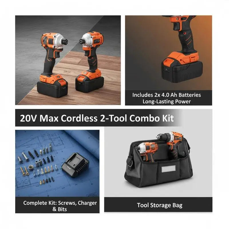 Electric Power Tool Set 20V Max for Home Maintenance Workshop Projects Construction Site 1/2 in Drill 1/4 in Driver 4.0 Ah Batteries Screws Charger Cloth Bag