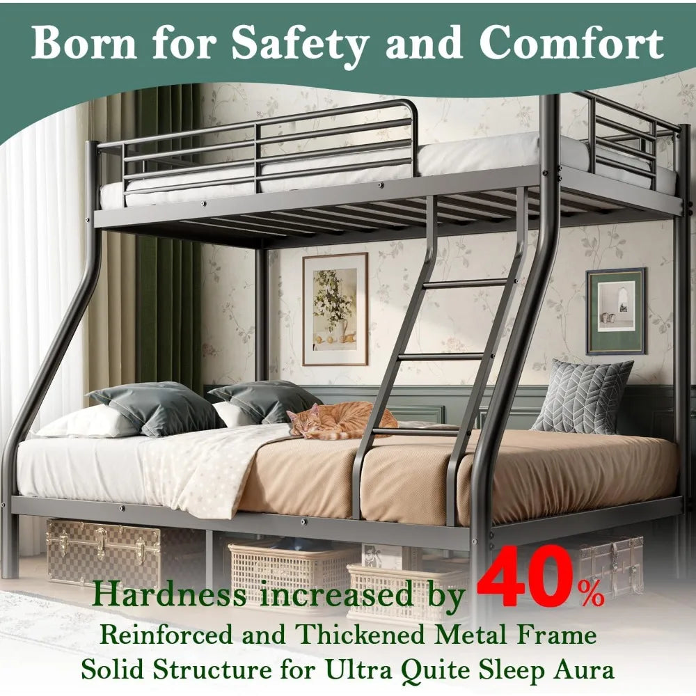 Bunk Beds Twin Over Full Size, Heavy Duty Bunk Beds with Bottom Space & Guardrail Metal Bunk Bed Frame for Aldults Dorm Bedroom