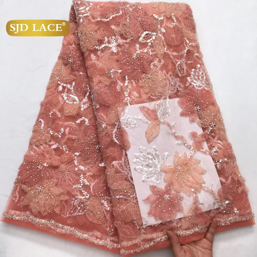 SJD LACE African Luxury Beads Mesh Lace Fabrics Nigerian Tulle 2025 French Tulle Beaded Net Lace for Women Evening Dresses A4034