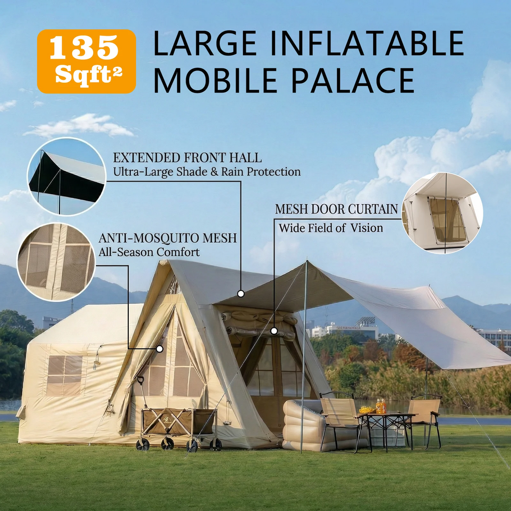 Large Inflatable Tent for 8-10 Person - 135 SQFT Inflatable Cabin Tents for Camping Instant Setup Blow up Tent 4 Season Waterpro