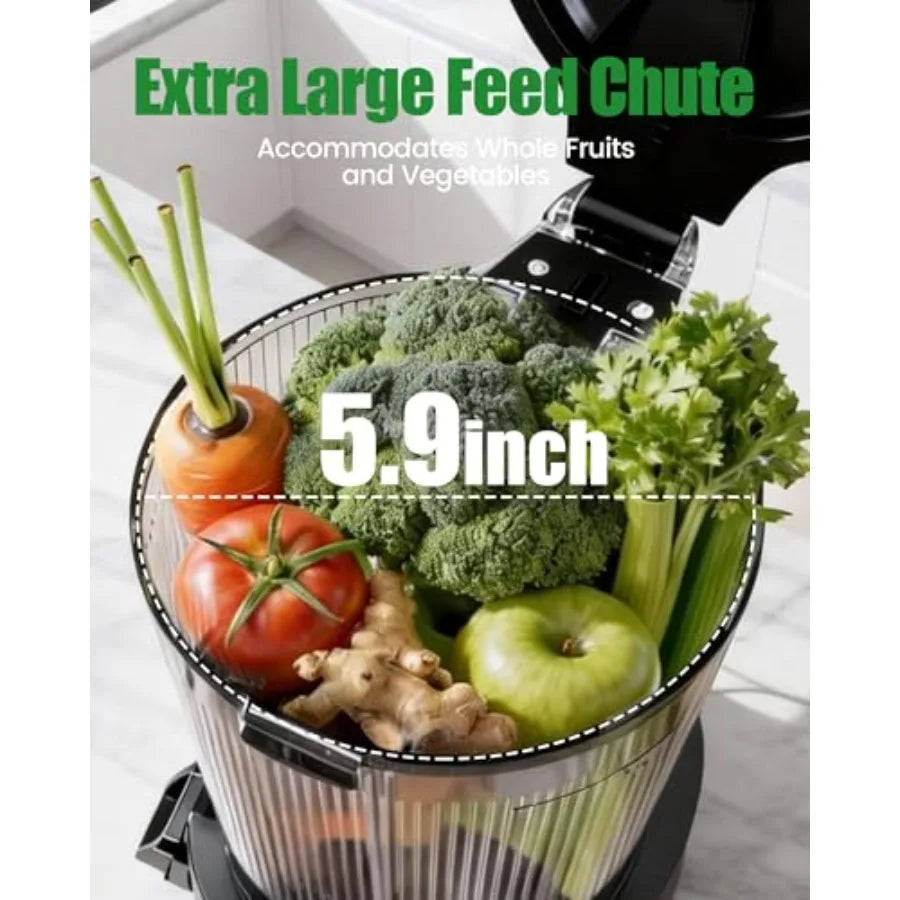 Cold Press Juicer for Home Use, Stainless Steel with Black Finish, 6 Wide Chute, 90oz Capacity, High Juice Yield, Quiet Operati