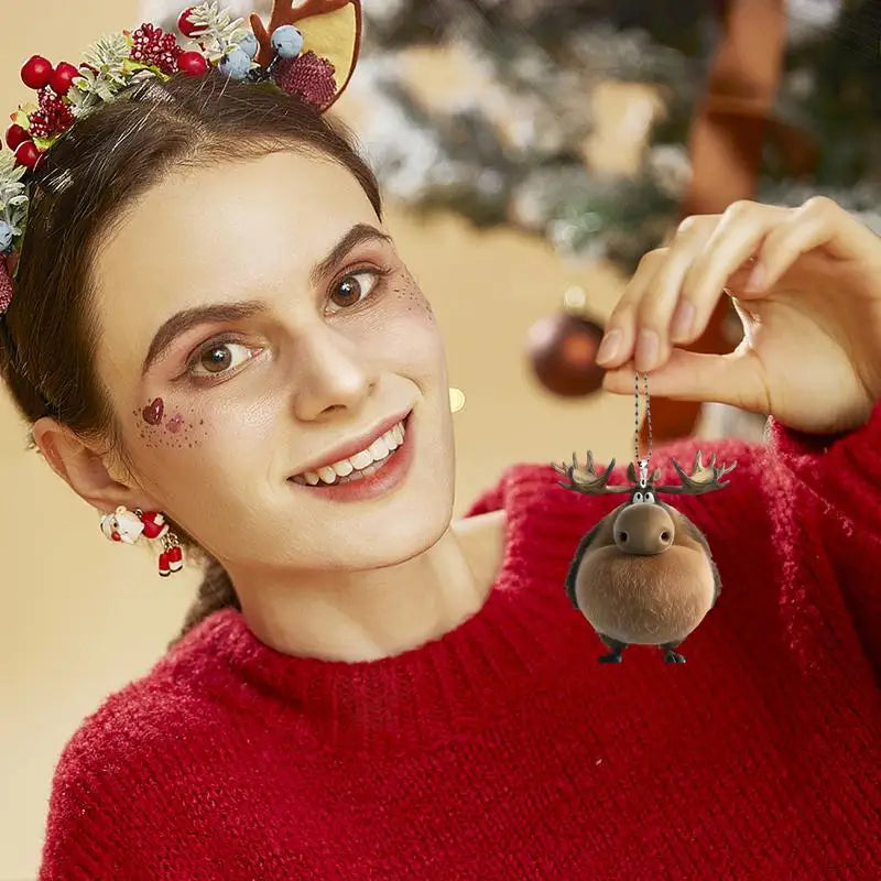 Elk Christmas Tree Ornaments Acrylic Cartoon Moose Ornaments for Christmas Tree Car Hangable Pendant 2D Flat Seasonal Decor for