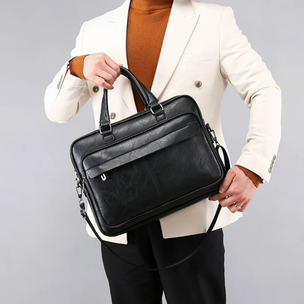 Men Bussiness Bag Large Capacity Pu Leather Luxury Briefcases Tote Bolsas Black Waterproof  Handbag Shoulder Crossbody Bags