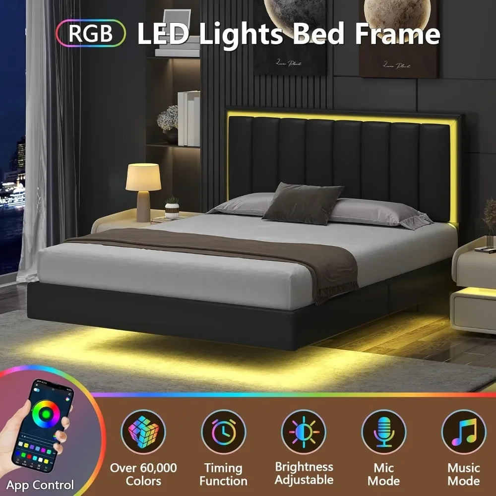 Bed Frame, Upholstered Bed Frame Queen Size with Headboard, RGB LED Ligths, Solid Wood Slats Support, No Box