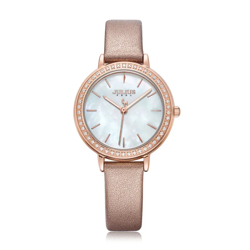 Mother-of-pearl Julius Lady Women's Watch Japan Movt Elegant Fashion Hours Clock Real Leather Bracelet Girl's Birthday Gift Box