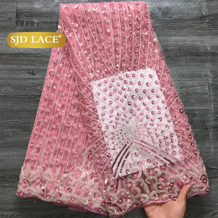 SJD LACE African Luxury Beads Mesh Lace Fabrics Nigerian Tulle 2025 French Tulle Beaded Net Lace for Women Evening Dresses A4034