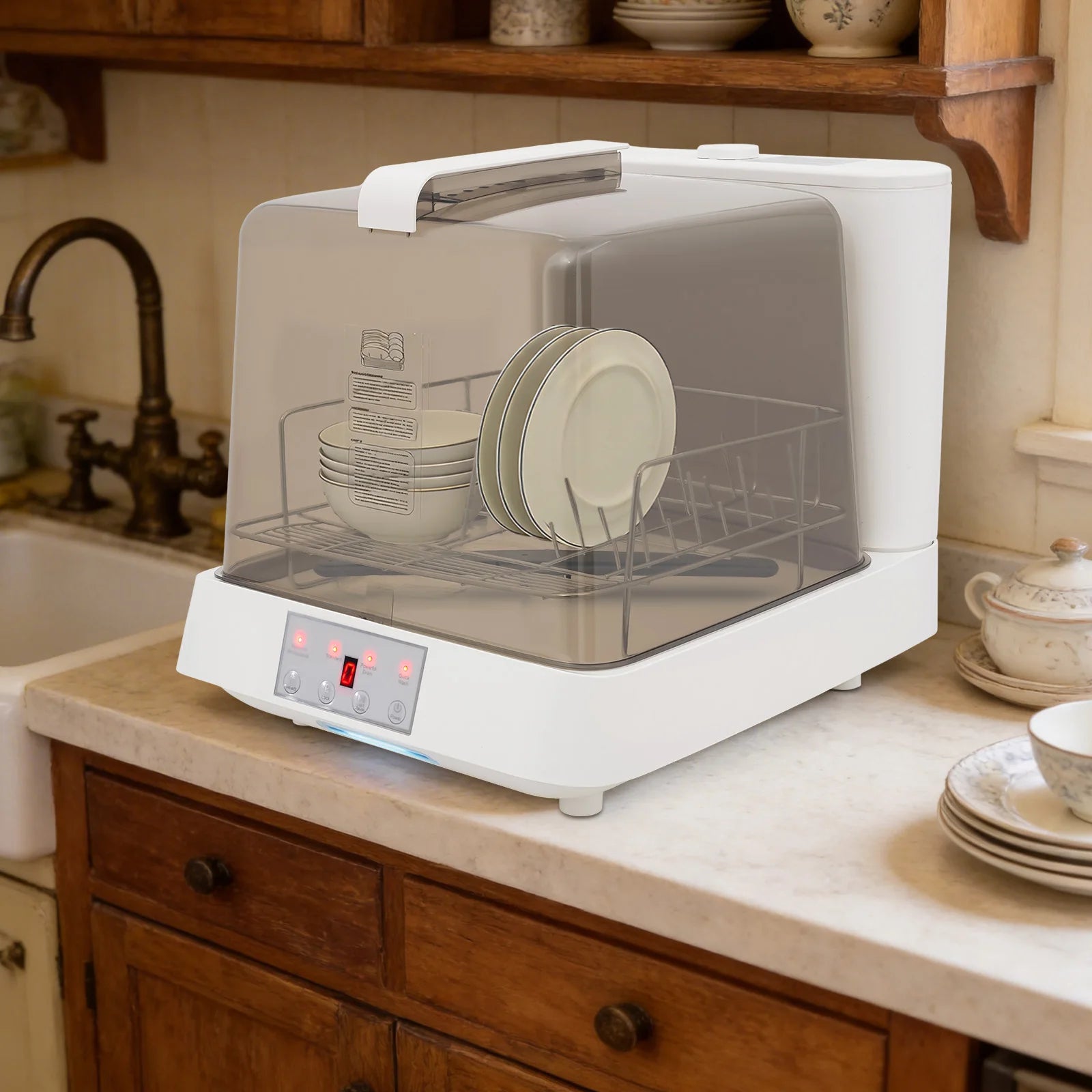 Modern Tank Built-in Portable Tabletop Dishwasher Touch Button Operation 360° Bottom Spray Arm Low Water Usage Automatic Washing And Drying All In One Compact Freestanding Dish Washing Equipment No Fixed Water Inlet Needed