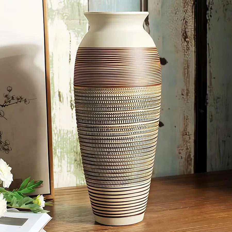 Ceramic Rustic Farmhouse Vase, 12.6" Large Vintage Flower vase for Home Decor, Tall Boho Textured Vases for Living Room, Table,