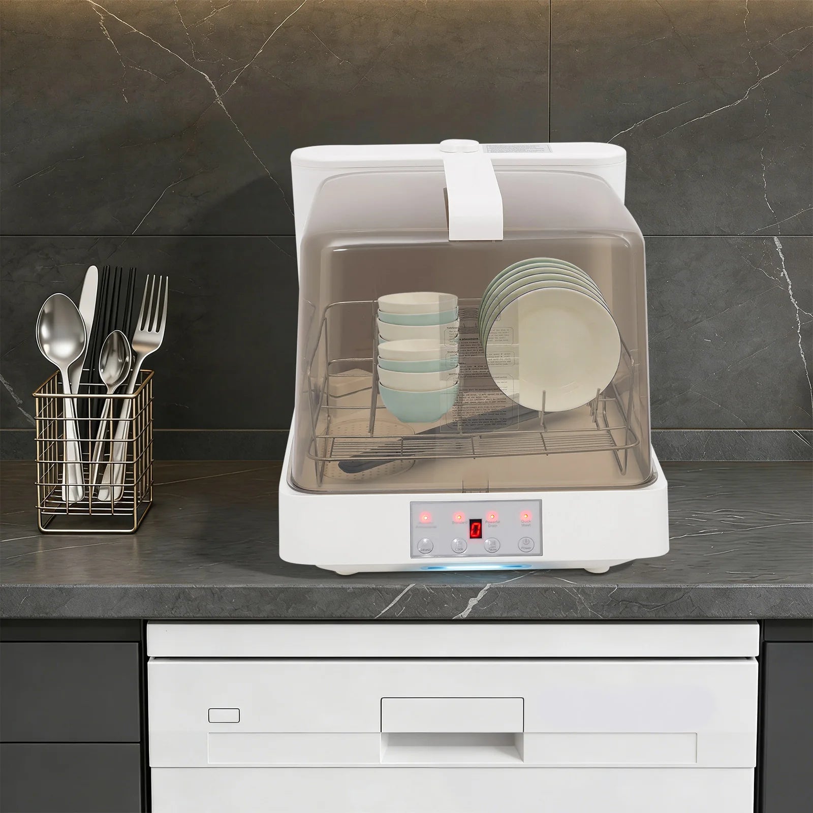 Modern Tank Built-in Portable Tabletop Dishwasher Touch Button Operation 360° Bottom Spray Arm Low Water Usage Automatic Washing And Drying All In One Compact Freestanding Dish Washing Equipment No Fixed Water Inlet Needed