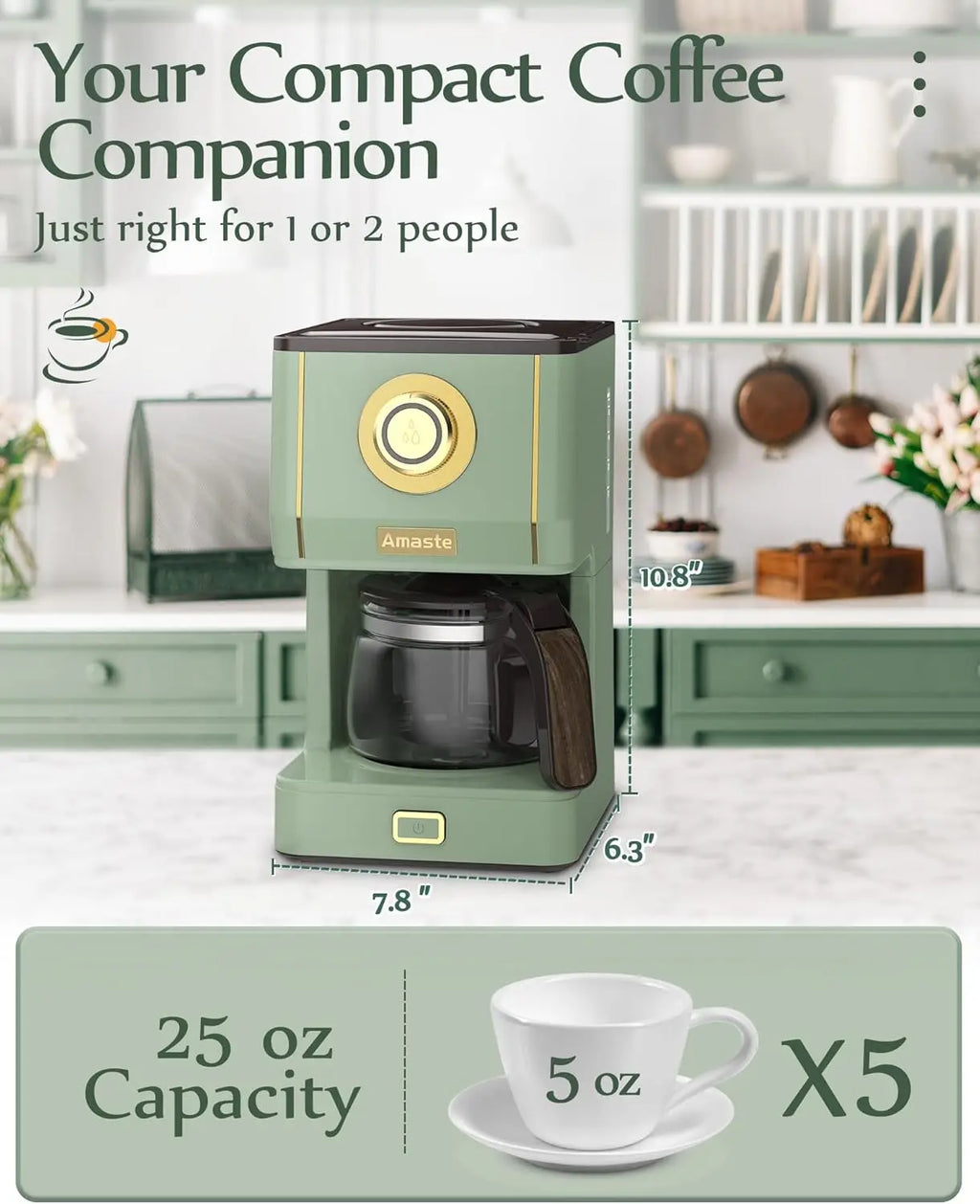 Drip Coffee Maker, Coffee Machine with 25 Oz Glass Coffee Pot, Retro Style Coffee Maker with Reusable Filter & Three Brewing