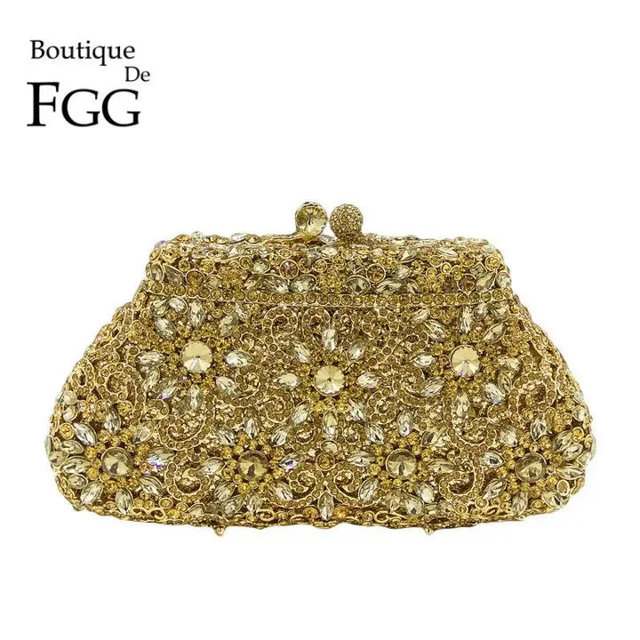 Boutique De FGG (in stock) Flower Crown Clutch Silver Crystal Evening Handbag Women Party Prom Bag Bridal Clutches Wedding Purse