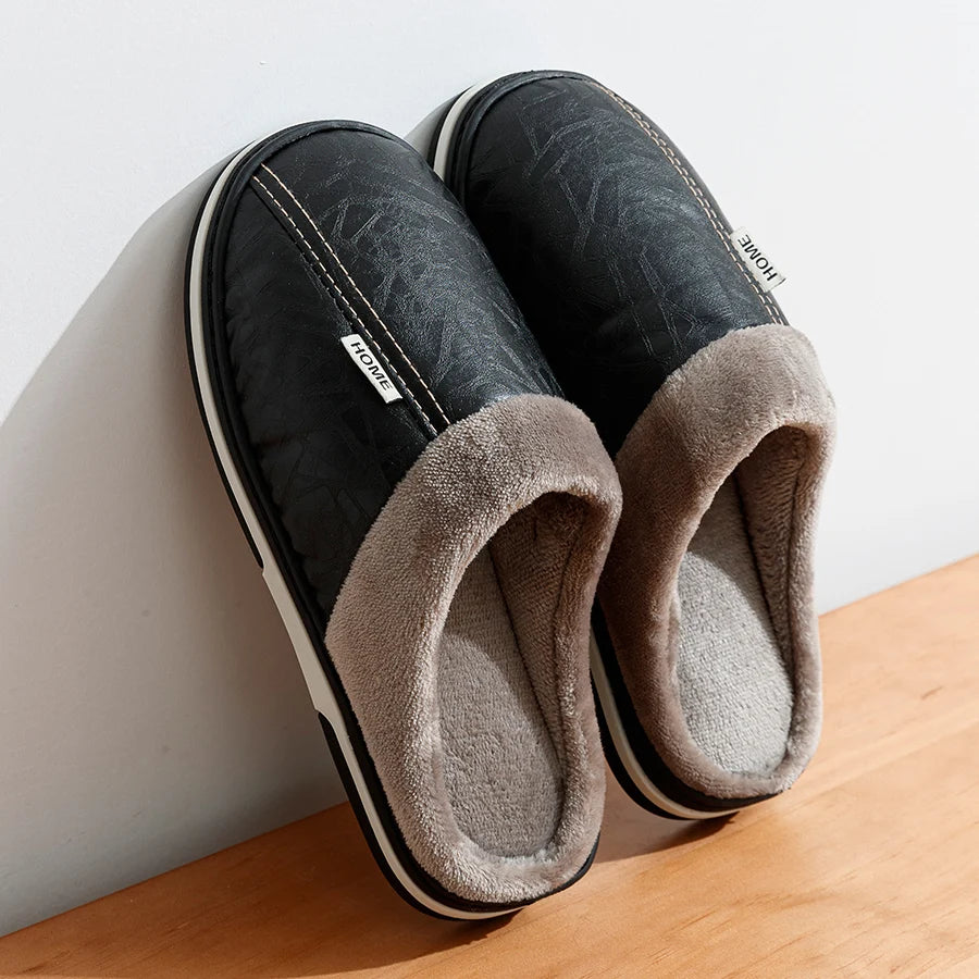 Mens Winter Slippers PU Leather Waterproof Indoor House Shoes Big Size Warm Fur Lined Home Bedroom Slippers