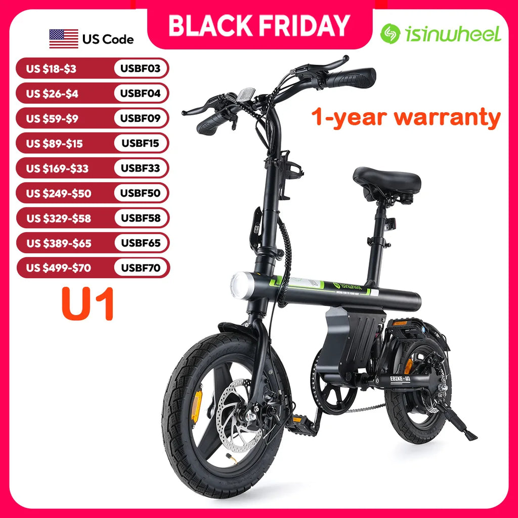 isinwheel U1 Electric Bike for Adult 500W Motor 20 mph 36V 7.8Ah Folding Ebike 280.8Wh 14"Mini E Bikes for Adults and Teens