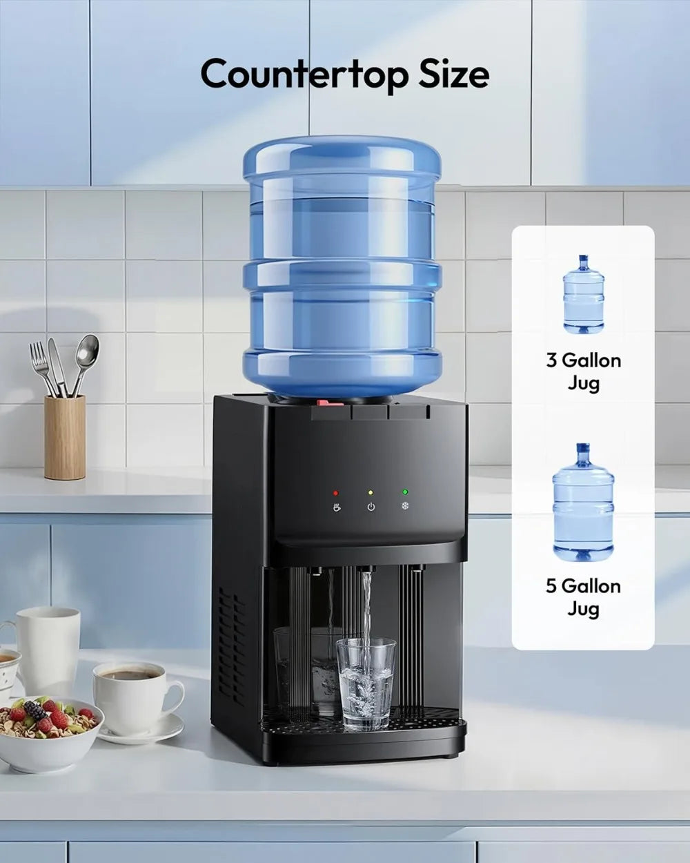 Top Load Water Dispenser for 3 or 5 Gallon Bottles, Countertop Cooler with 3 Temperatures, Hot & Cold Water, Child Safety Lock, Home Office Kitchen