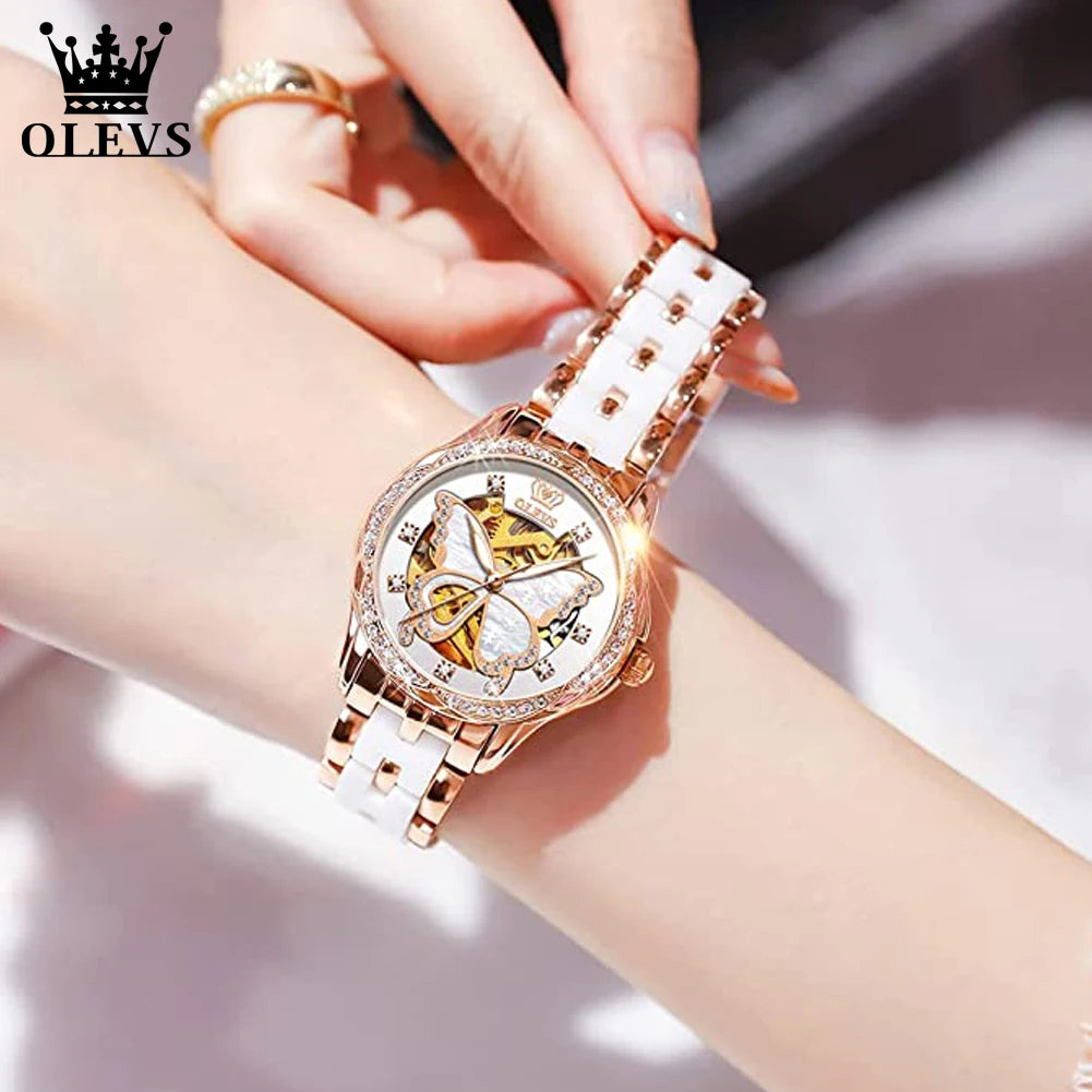 OLEVS Women's Automatic Watches Skeleton Mechanical Ladies Elegant Luxury Dress Butterfly Diamond White Ceramic Band Watch Gift