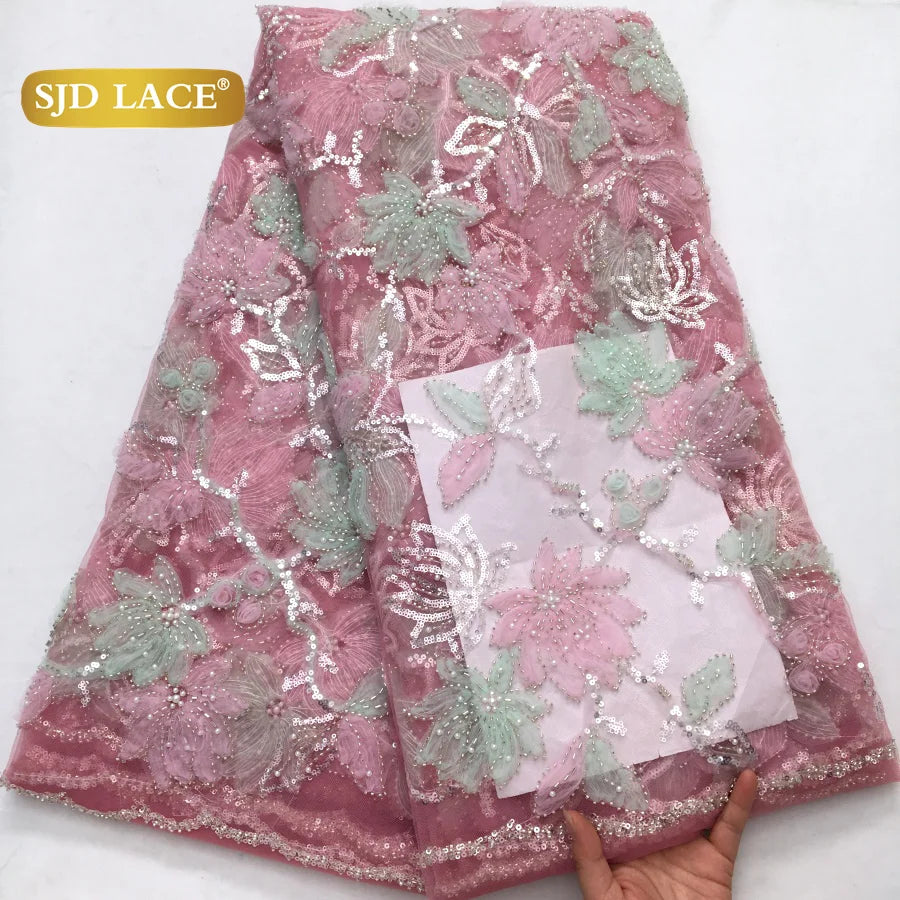 SJD LACE African Luxury Beads Mesh Lace Fabrics Nigerian Tulle 2025 French Tulle Beaded Net Lace for Women Evening Dresses A4034