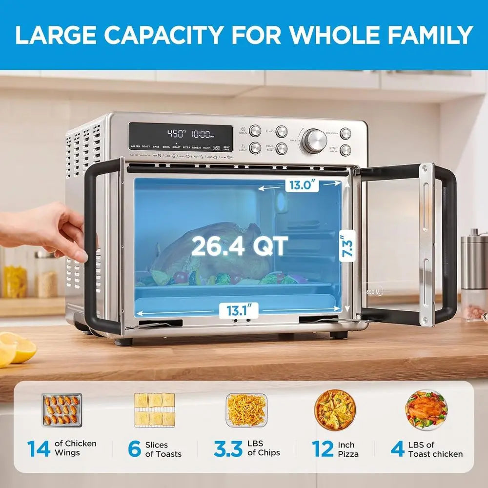 Extra Large 26.4 QT Air Fryer Toaster Oven Combo, 10-in-1 Multifunction, 25% Faster Cooking, 90% Less Oil, Stainless Steel