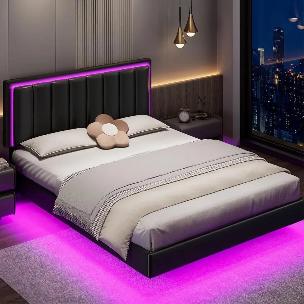 Bed Frame, Upholstered Bed Frame Queen Size with Headboard, RGB LED Ligths, Solid Wood Slats Support, No Box