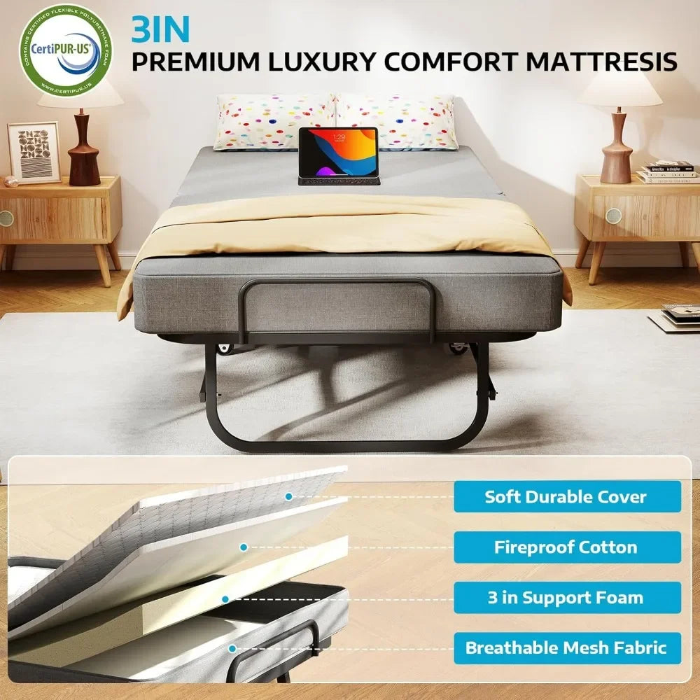 Folding Bed with Mattress for Adults,Portable Foldable Roll Away Bed on Wheels,Memory Foam Mattress and Metal Frame,Space Saving