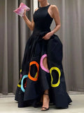 2025 Fashion Women's Stylish Dress Round Neck Sleeveless High Waist Pleated Party Dress Hollowed Floor Length Dress