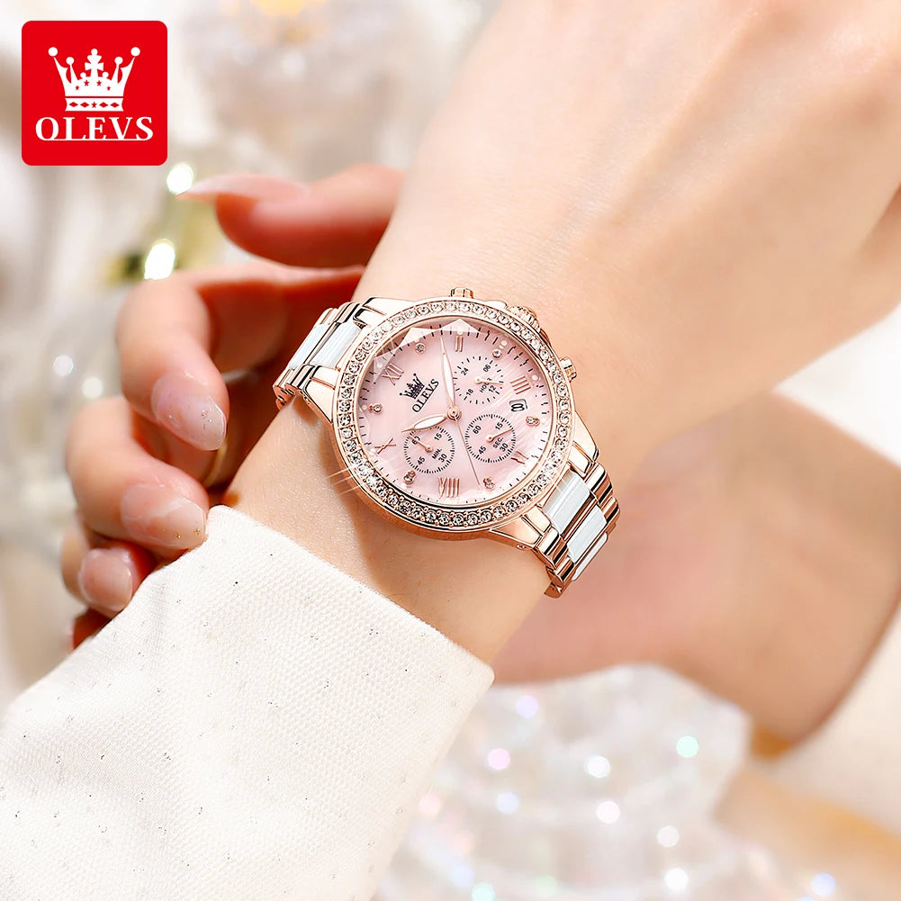 OLEVS 9999 Women Watch Brand Original Elegant Waterproof Chronograph Luxury Ceramic Dress Pink Women Quartz Watch Reloj Mujer