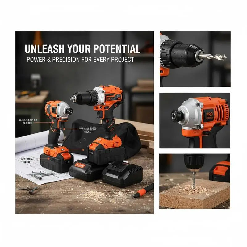 Electric Power Tool Set 20V Max for Home Maintenance Workshop Projects Construction Site 1/2 in Drill 1/4 in Driver 4.0 Ah Batteries Screws Charger Cloth Bag