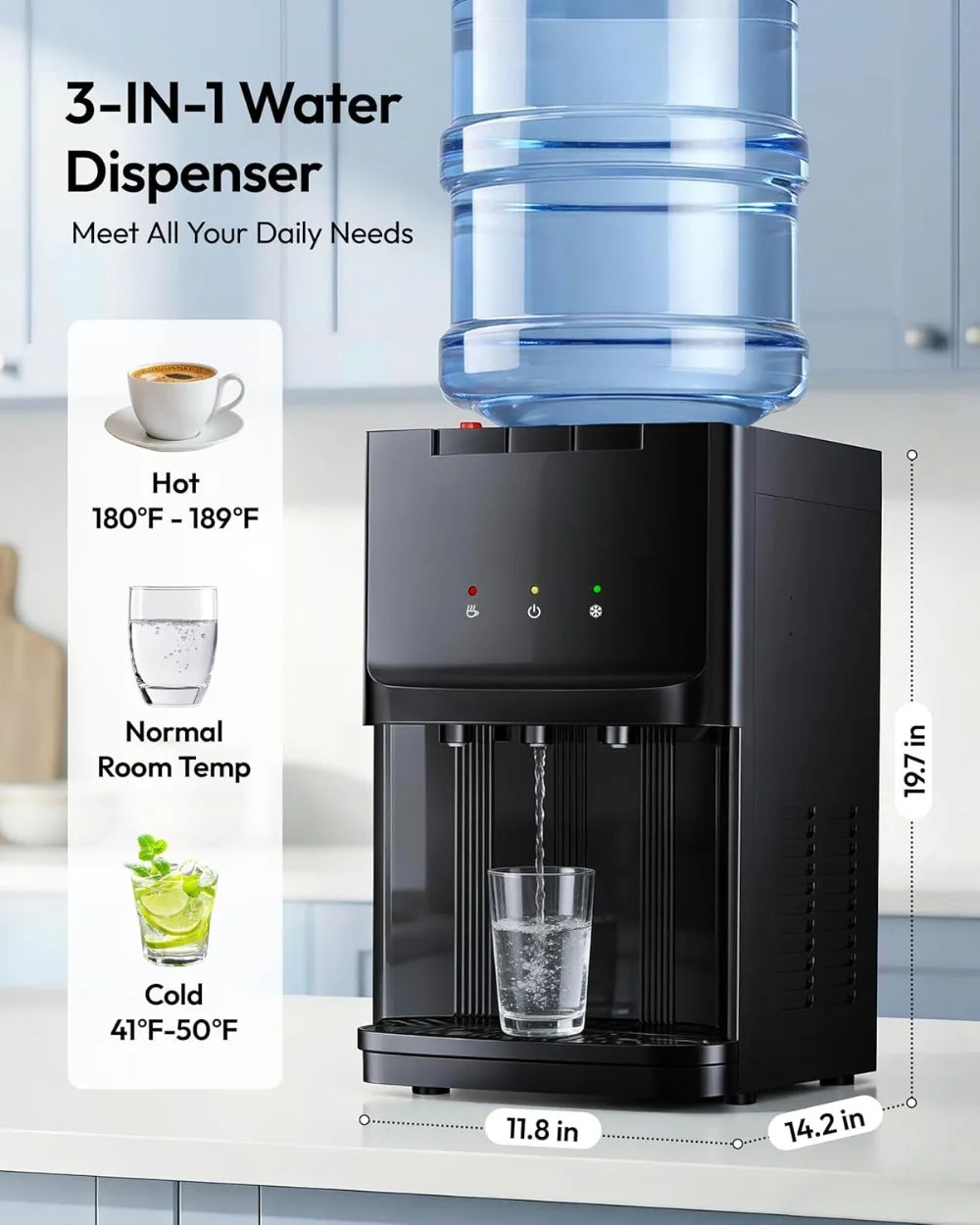 Top Load Water Dispenser for 3 or 5 Gallon Bottles, Countertop Cooler with 3 Temperatures, Hot & Cold Water, Child Safety Lock, Home Office Kitchen